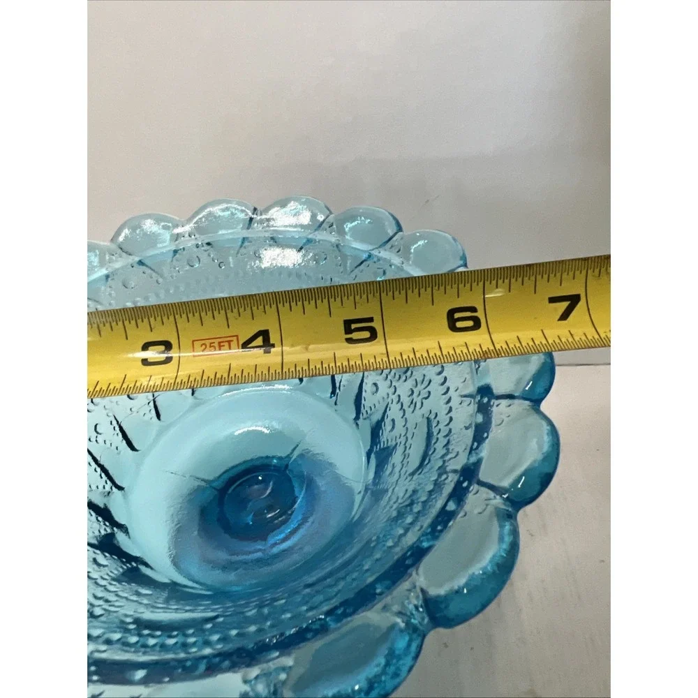 Blue Pressed Glass Vintage Pedestal Compote Bowl Decorative Scalloped Edge